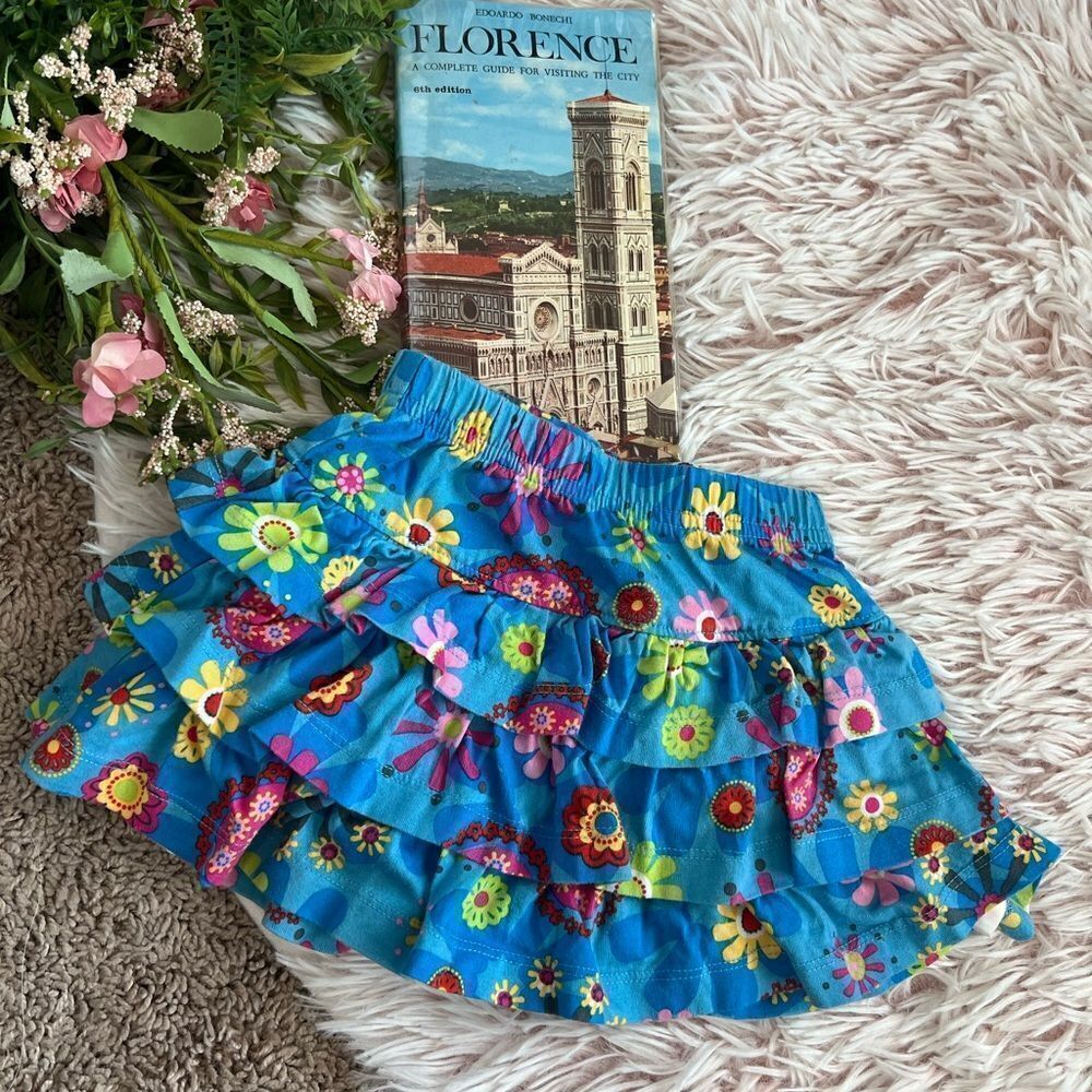 Hanna Andersson Blue Pink Colorful Floral Ruffle Tiered Skirt Sz 80 2T/24months